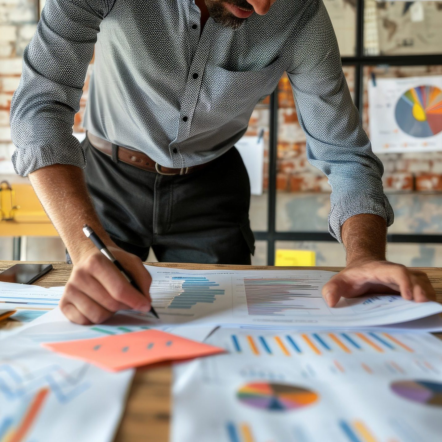 Person preparing a business presentation, practicing in front of a mirror